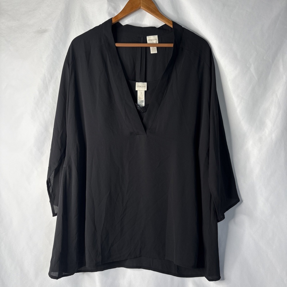 Chico's Women's 3 (16) Black Lace Tank & Tunic V-Neck Pullover Blouse Top